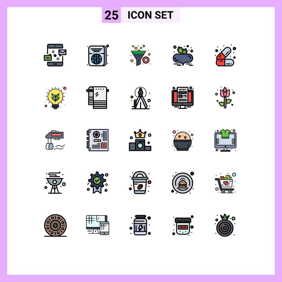 conjunto de cores planas de linha cheia de interface móvel de 25 pictogramas de elementos de design de vetor editável de filtro de beterraba de identificação de comida de cuidado