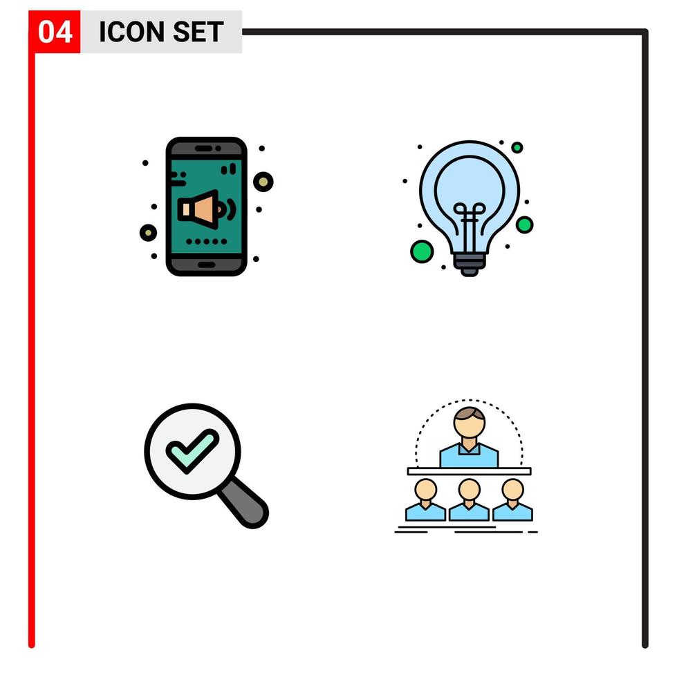 conjunto de 4 sinais de símbolos de ícones de interface do usuário modernos para o aplicativo encontrar elementos de design de vetores editáveis de exibição de lâmpada de volume