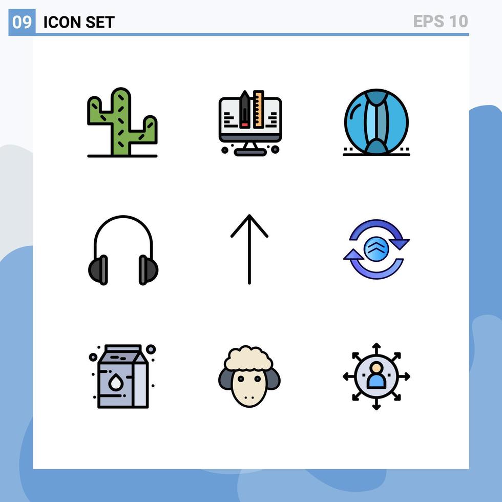 pacote de 9 sinais e símbolos modernos de cores planas de linha preenchida para mídia impressa na web, como fones de ouvido de música plástica de som, elementos de design vetorial editáveis vetor