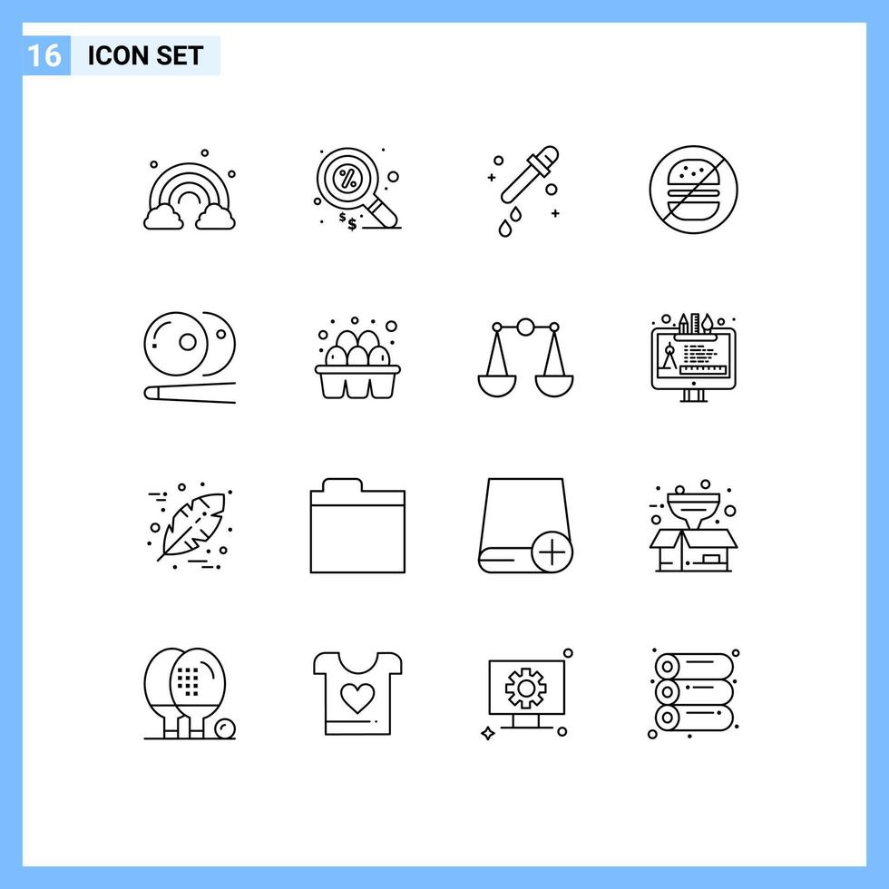 pacote de 16 sinais e símbolos de contornos modernos para mídia impressa na web, como conta-gotas de bilhar de sinuca, sem comer elementos de design vetorial editáveis vetor