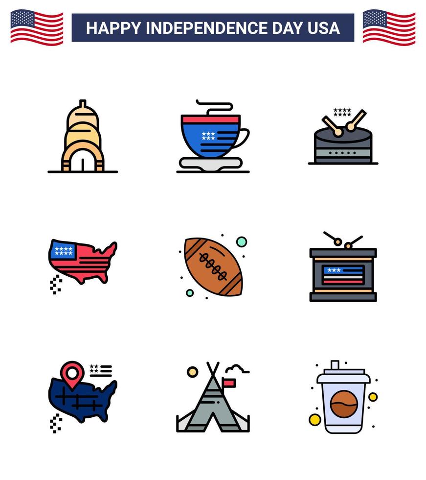 pacote de ícones vetoriais de estoque de sinais e símbolos de linha de 9 dias americanos para bola de música de rugby americana bola de ação de graças editável dia dos eua vetor elementos de design