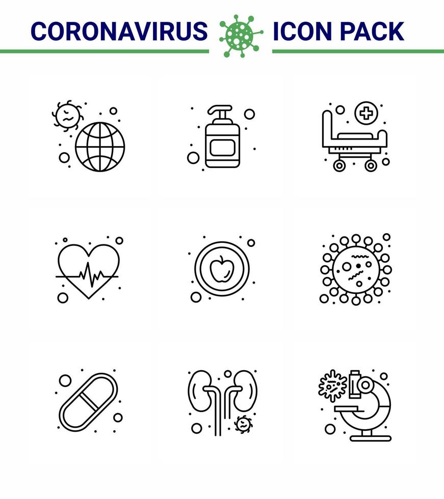 novo coronavírus 2019ncov pacote de ícones de 9 linhas comida cuidados com o coração estratura pulsação viral coronavírus 2019nov doença vetor elementos de design