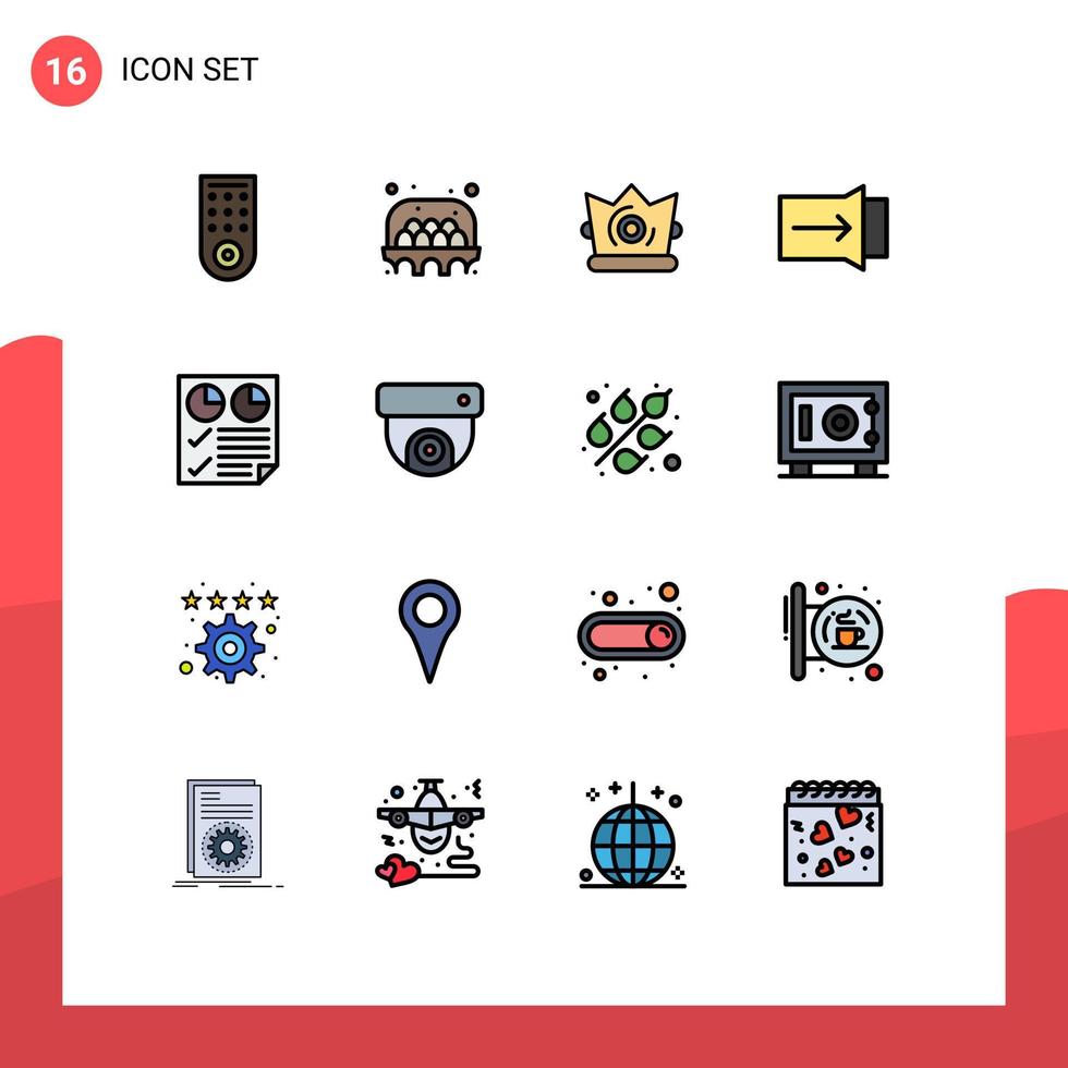 conjunto de pictogramas de 16 linhas simples preenchidas com cores planas de slides de dados de coroa de documento de relatório elementos de design de vetores criativos editáveis