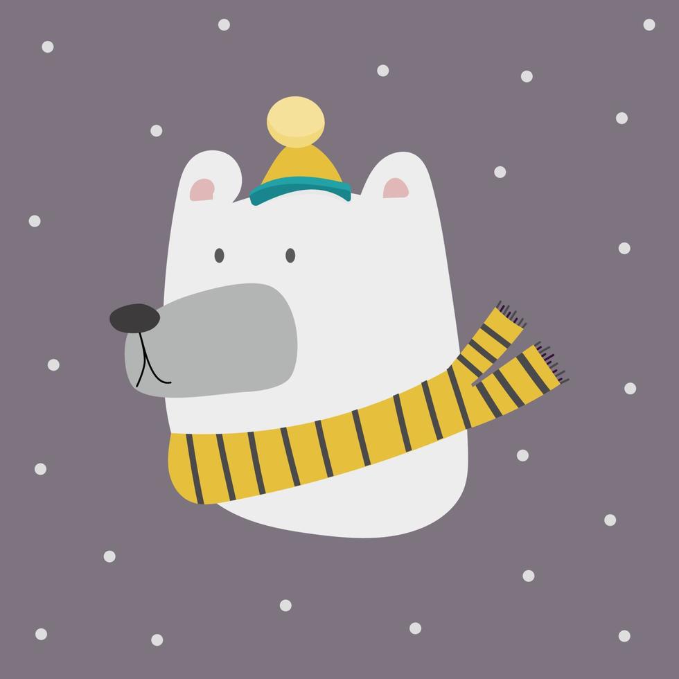 cabeça de urso polar branco de natal. ilustração vetorial de urso bonito dos desenhos animados no chapéu amarelo quente e cachecol para cartões, estampas vetor