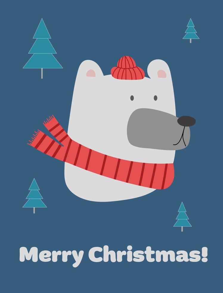 cartão de felicitações. feliz natal cabeça de urso polar branco. ilustração vetorial de urso bonito dos desenhos animados no chapéu vermelho quente e cachecol para cartões, estampas vetor
