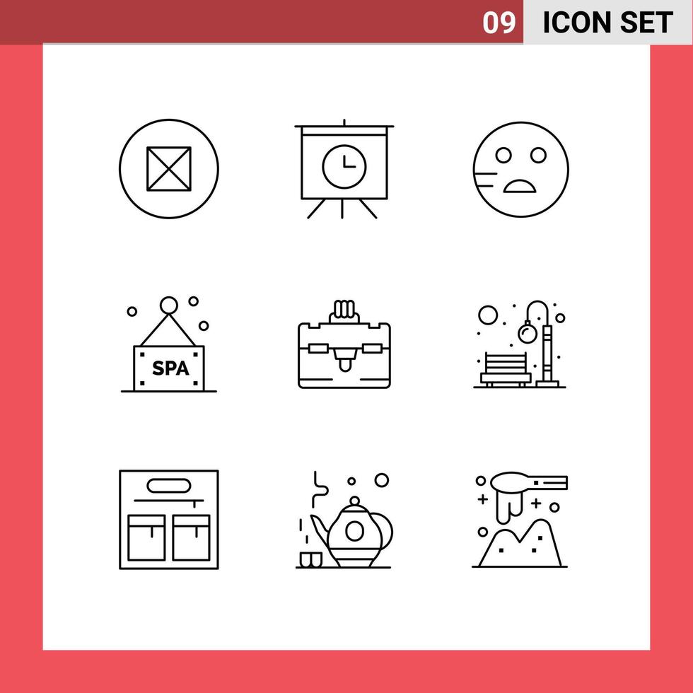 conjunto de 9 sinais de símbolos de ícones de interface do usuário modernos para banco de parque bolsa de viagem escolar elementos de design de vetores editáveis