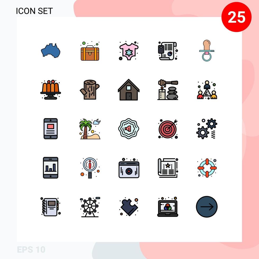 conjunto de cores planas de linha cheia de interface móvel de 25 pictogramas de serviços de seo de planejamento de bebê plano financeiro elementos de design de vetores editáveis