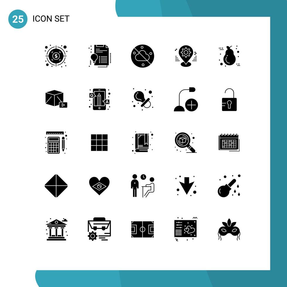 25 glifos sólidos universais definidos para aplicativos da web e móveis, ação de graças, frutas, céu, configuração, mapa, elementos de design vetorial editáveis vetor