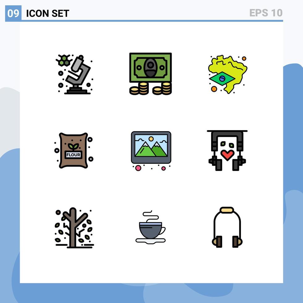 pacote de interface do usuário de 9 cores planas básicas de linhas preenchidas de fones de ouvido imagem mapa foto elementos de design de vetores editáveis de trigo