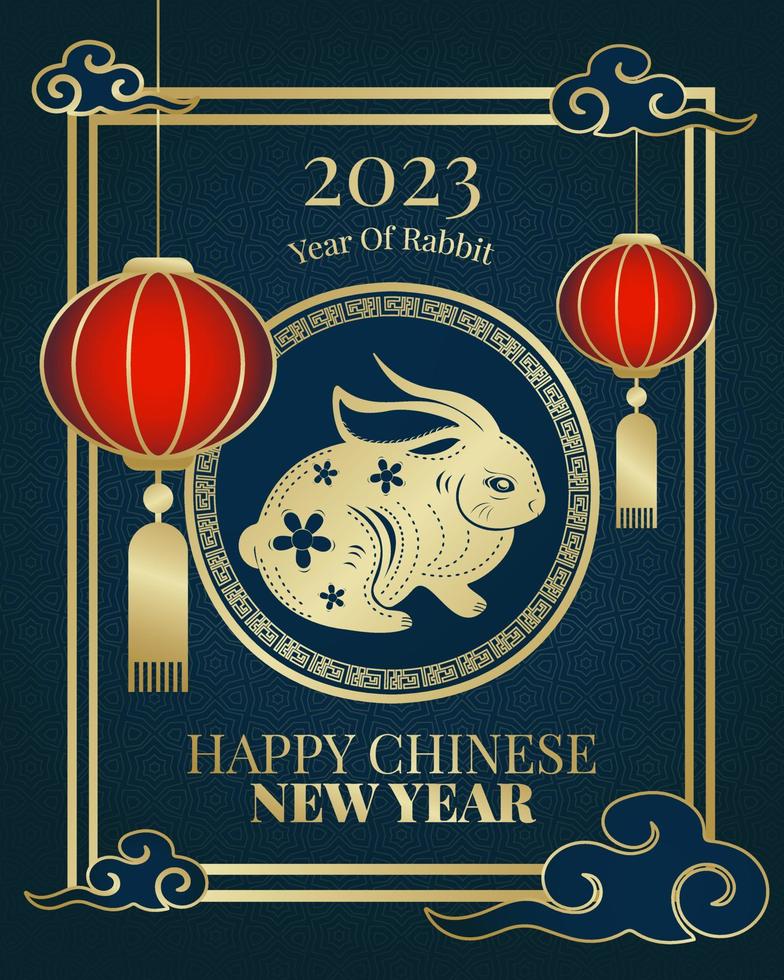 feliz ano novo chinês 2023, ano do coelho com lanterna tradicional e resumo de ouro usado para modelo, banner, cartão de felicitações. vetor