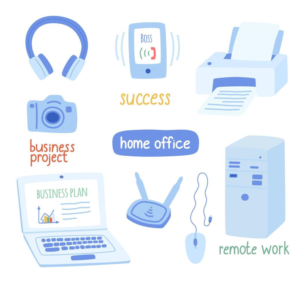 um conjunto de eletrônicos e gadgets para trabalho e escritório. ilustração vetorial em um estilo moderno e desenhado à mão. vetor