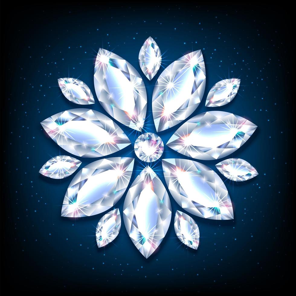 flor de floco de neve feita de diamantes. pedras preciosas em forma de flor. decoração de joias para natal e ano novo. Ilustração de néon realista 3D. vetor de fundo azul.