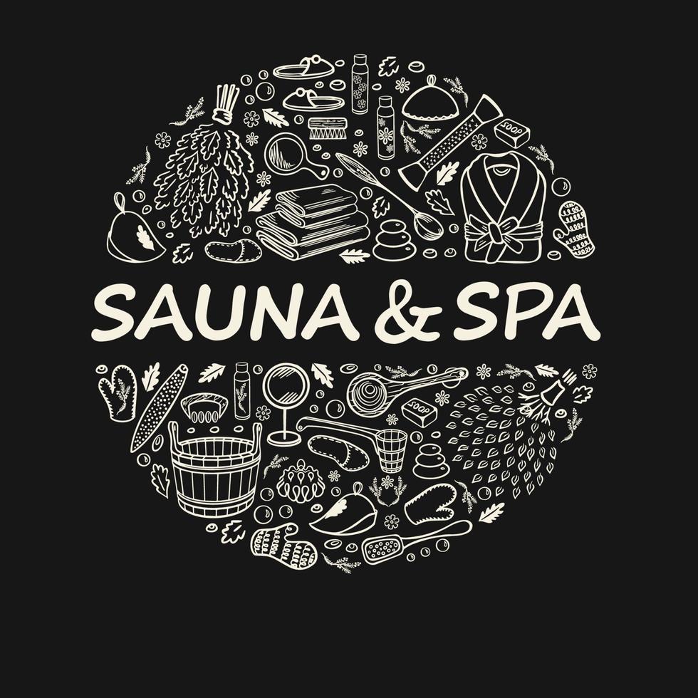 sauna, spa e acessórios de banho. esboço de itens em estilo doodle. decorado em forma de círculo com espaço para texto no centro. em um fundo preto. ilustração vetorial. vetor