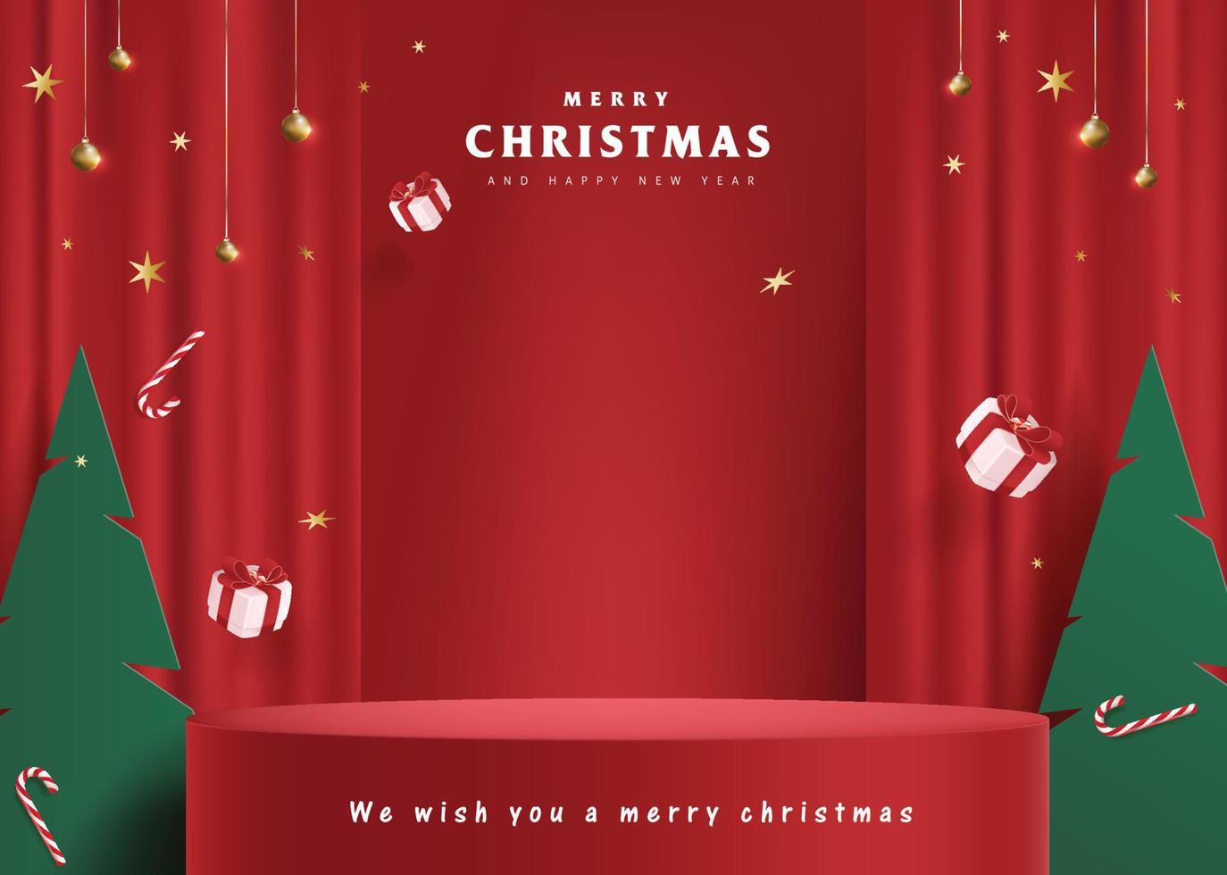 banner de natal com exibição de produto de palco forma cilíndrica e decoração festiva para o natal vetor