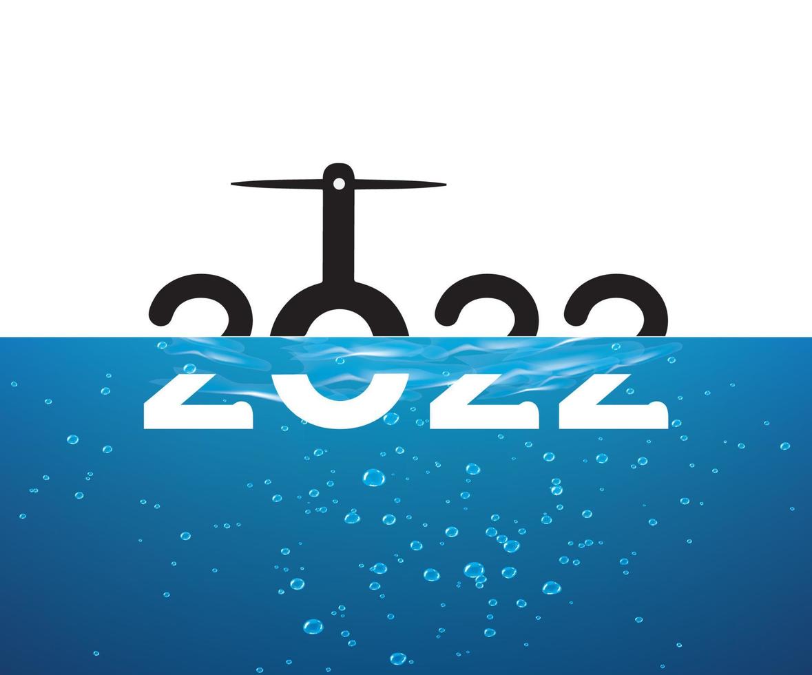 a letra 0 do ano 2022, que permanece debaixo d'água, é comparada a um drone e esse ano é puxado para cima. modelo de design de brochura, cartão, banner eps 10 ilustração vetorial. vetor