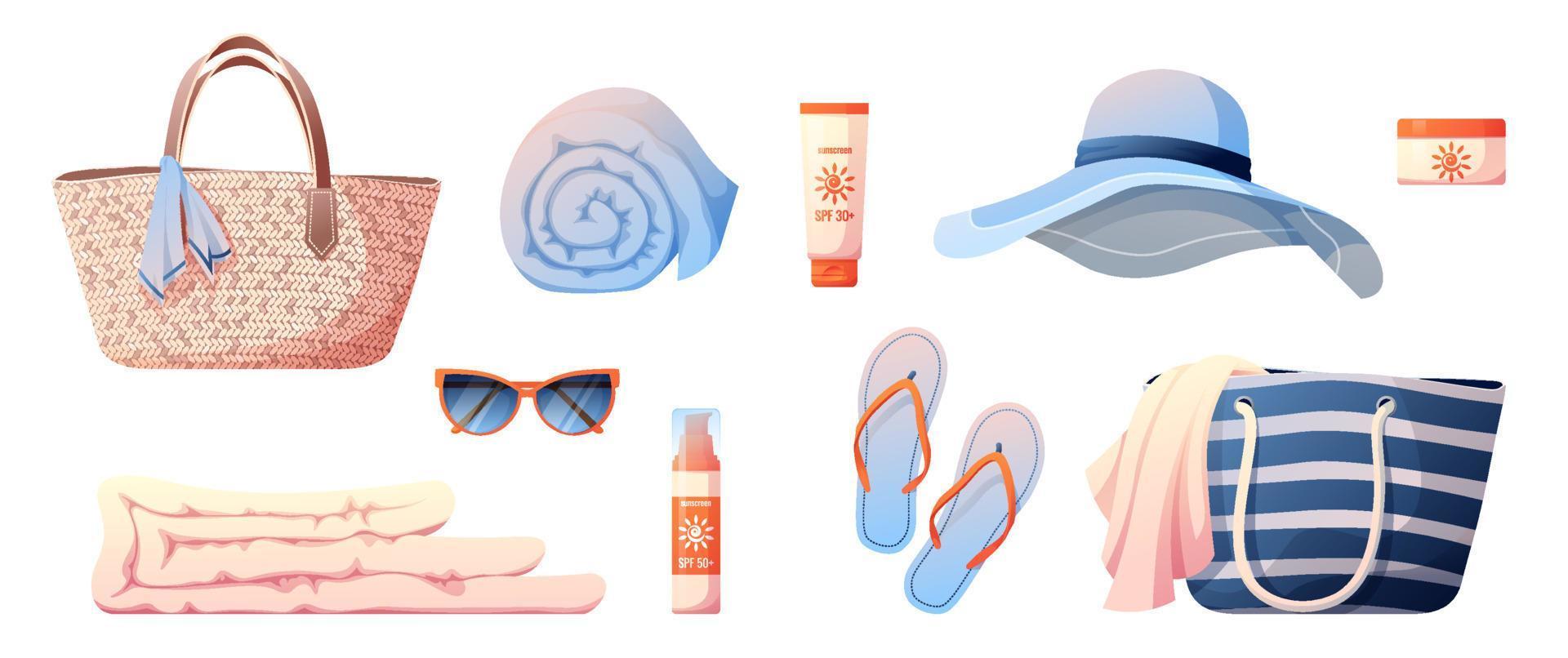 um conjunto de coisas de praia.chapéu de praia, colcha de bolsa de praia, óculos de sol, protetor solar, toalha, chinelos. vetor