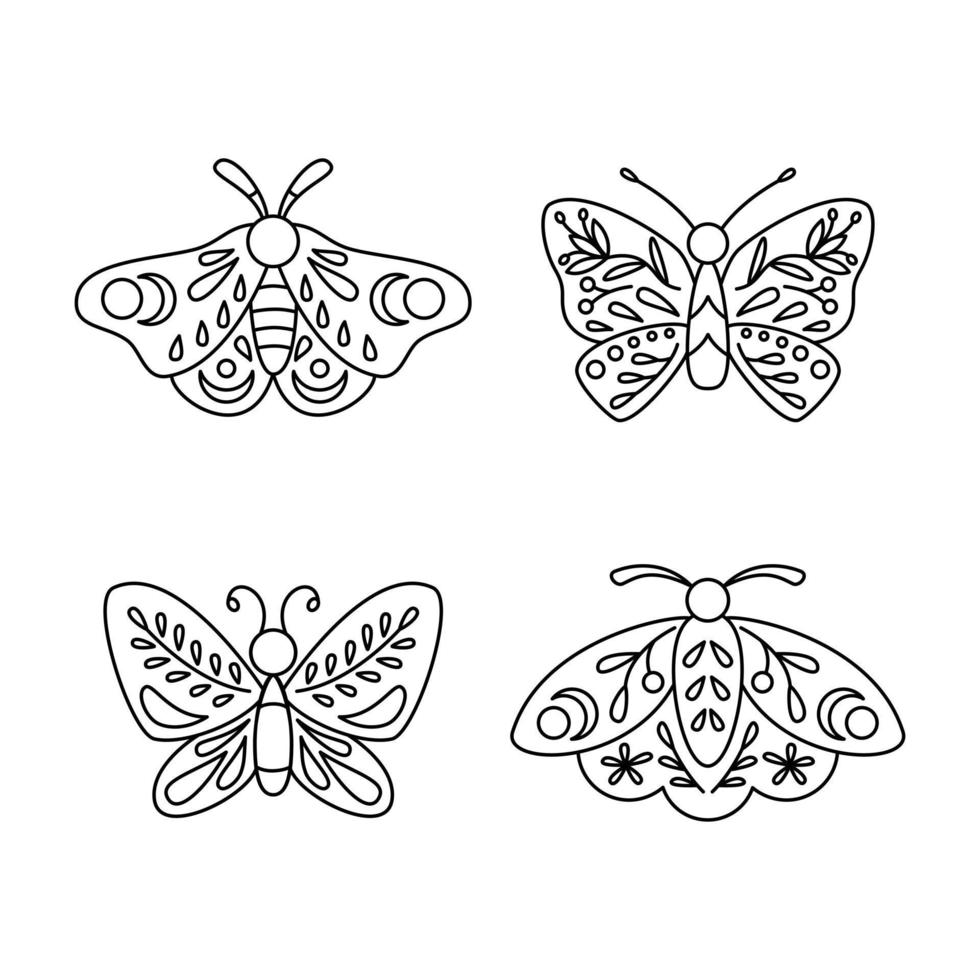 conjunto de mariposas e borboletas em estilo doodle vetor