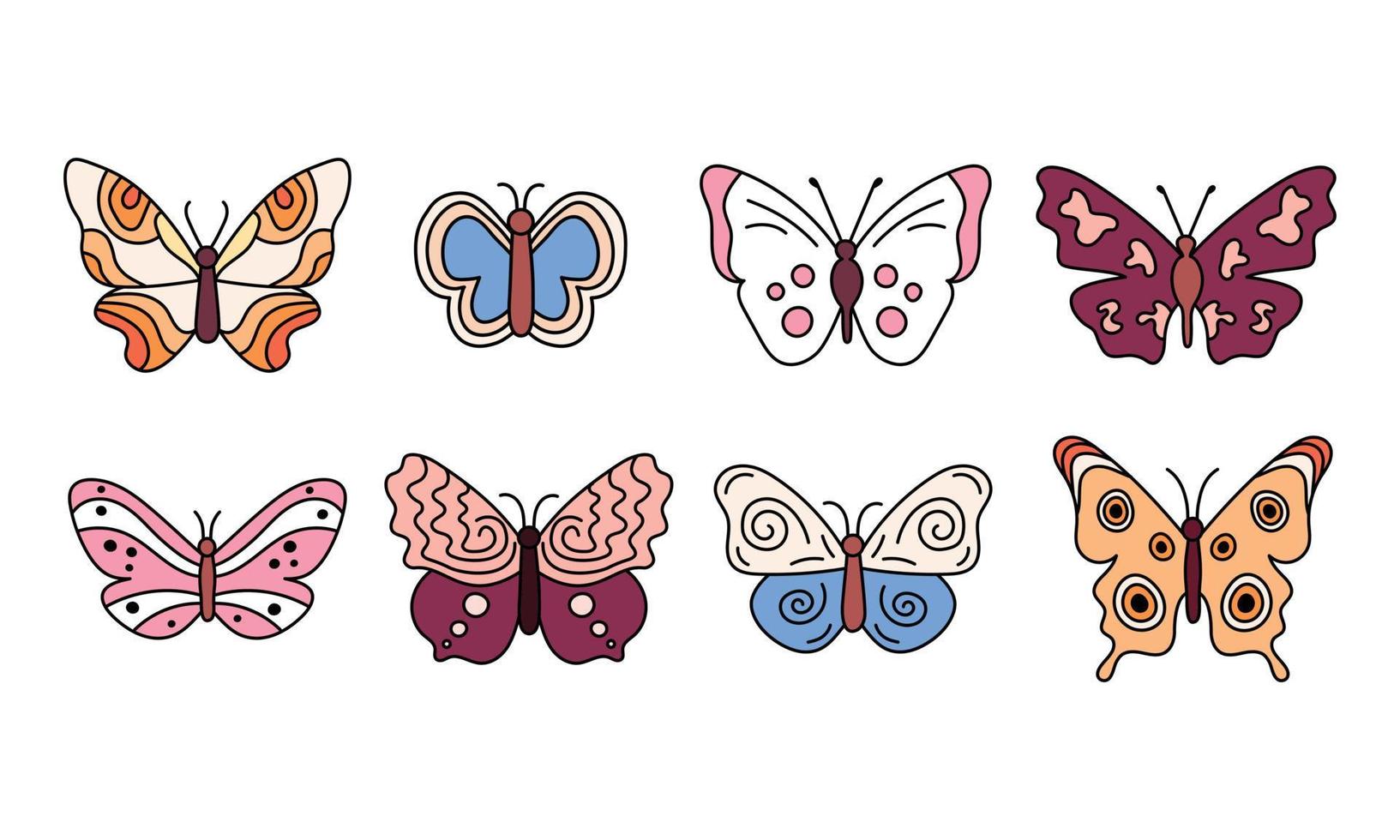 conjunto de borboletas coloridas. coleção de vetores de insetos doodle isolados. elementos de design de cores groovy em fundo branco. linda borboleta de contorno