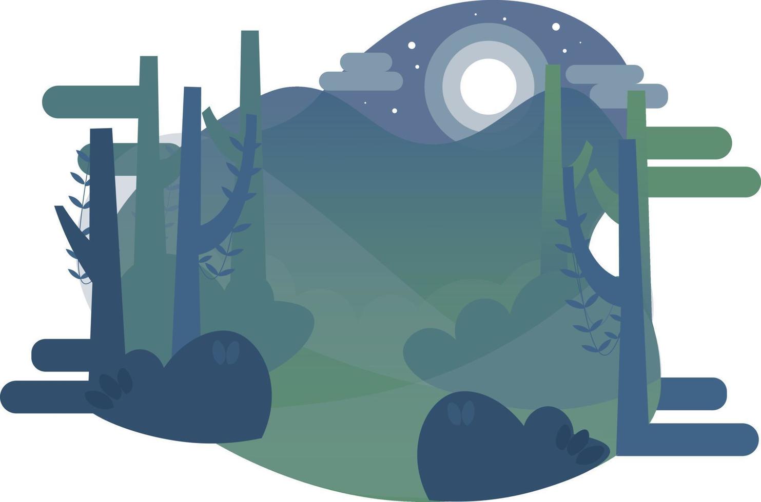 ilustração da paisagem noturna em estilo simples com tenda, fogueira, montanhas, floresta e água. plano de fundo para acampamento de verão, turismo de natureza, conceito de design de acampamento ou caminhada. vetor