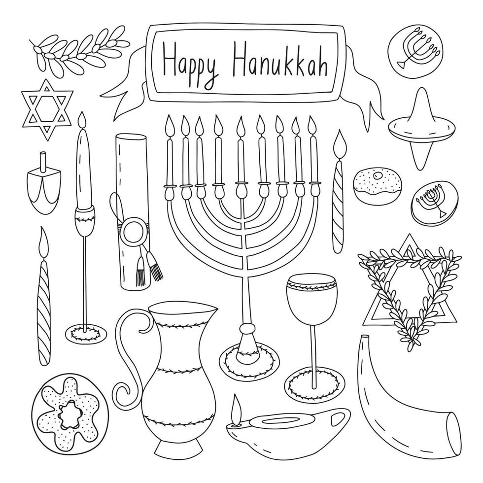 conjunto de ícones de Hanukkah, candelabro de Hanukkiah, rosquinhas  sufganiyot, música, moedas, pião pião, rabino, estrela de David, torá,  feliz Hanukkah em inglês. símbolos brancos com contorno preto 15003526  Vetor no Vecteezy