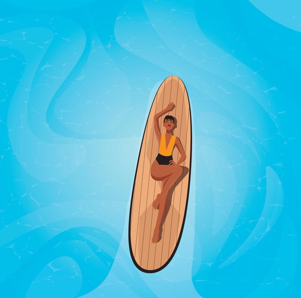 ilustração digital de uma garota nas férias de verão nadando no oceano em uma vista superior de um barco a bordo vetor