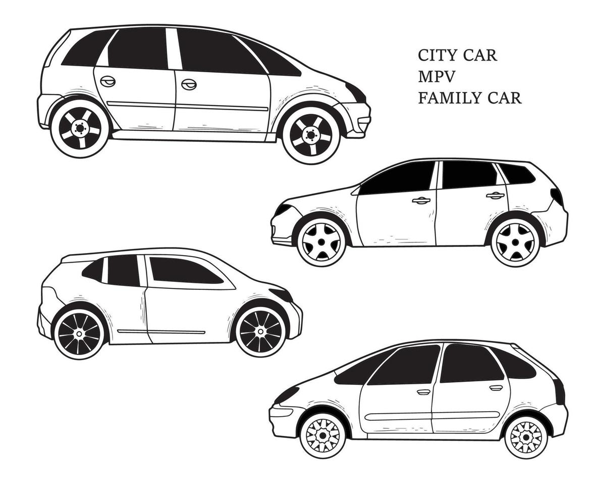 coleção o lado do esboço do carro da cidade mpv isolado em um fundo branco vetor