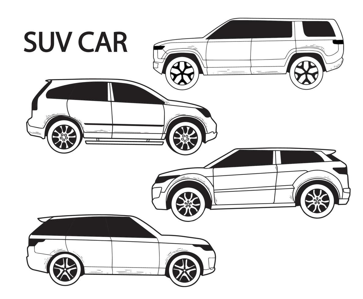 coleção o lado do esboço do carro suv isolado em um fundo branco vetor