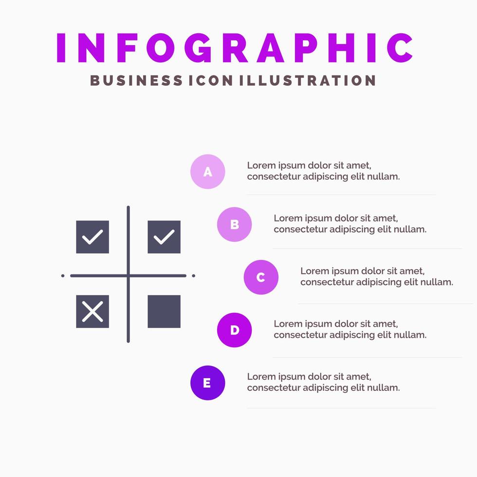 prioridades de gerenciamento de negócios produção de produtos infográficos de ícone sólido 5 etapas fundo de apresentação vetor