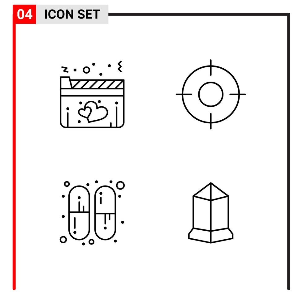 4 ícones gerais para impressão de design de sites e aplicativos móveis. 4 sinais de símbolos de contorno isolados no fundo branco. 4 pacote de ícones. vetor