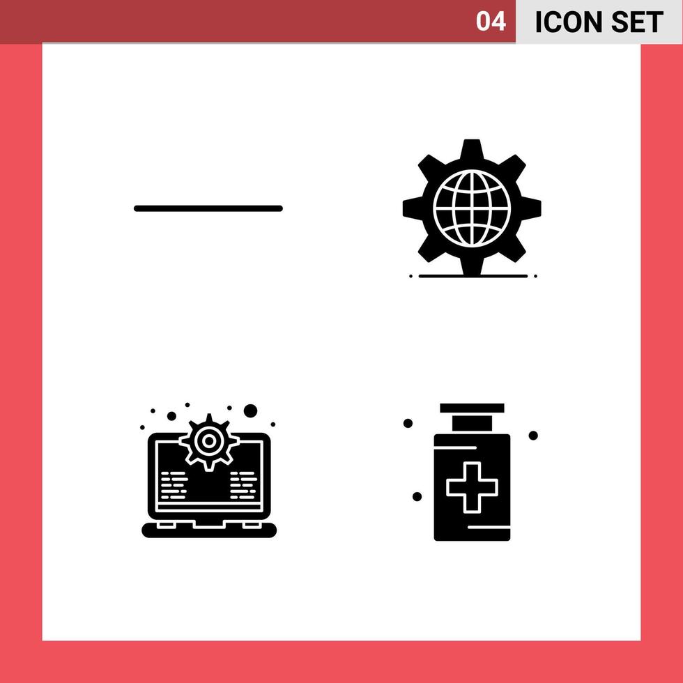 pacote de 4 sinais e símbolos de glifos sólidos modernos para mídia de impressão na web, como menos suporte para elementos de design de vetores editáveis de drogas de engrenagem de internet