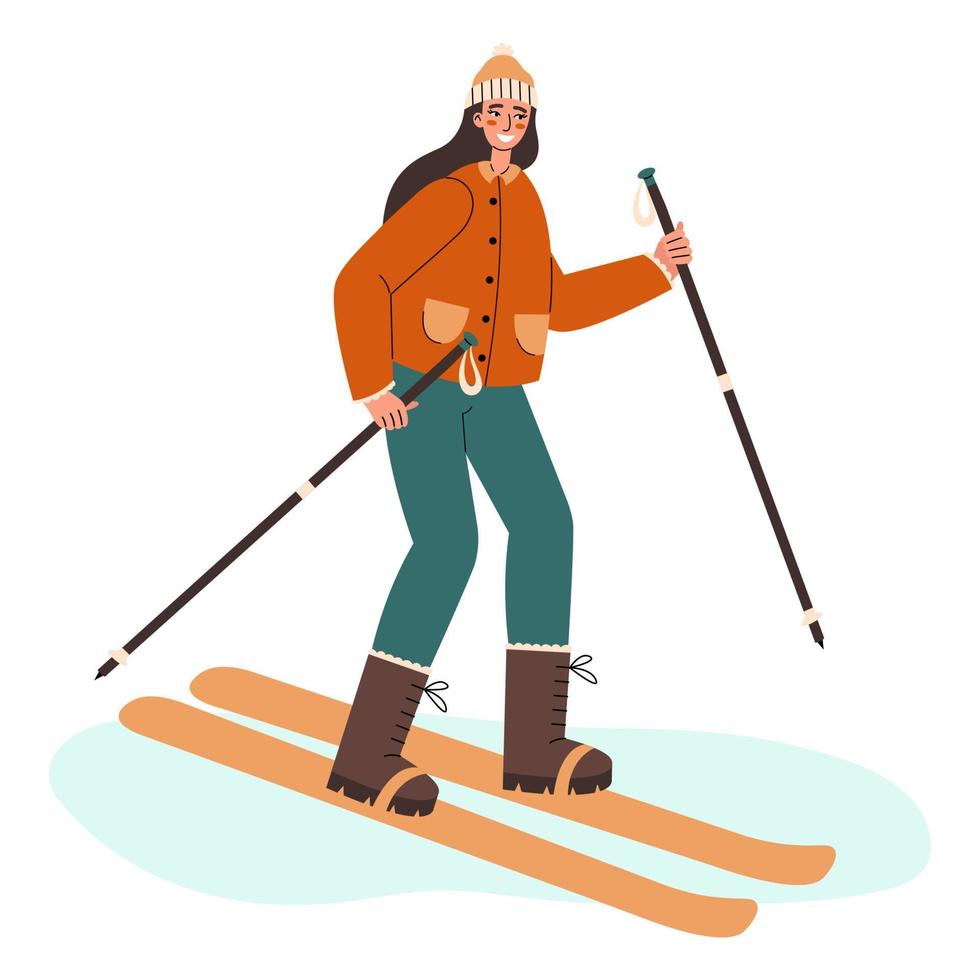 mulher feliz esquiando. jovem em roupas quentes está envolvida em esportes de inverno. ilustração em vetor plana.