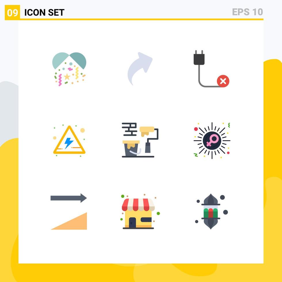 pacote de 9 sinais e símbolos modernos de cores planas para mídia de impressão na web, como dispositivos de rolo de escova, pincel, perigo, elementos de design vetorial editáveis vetor