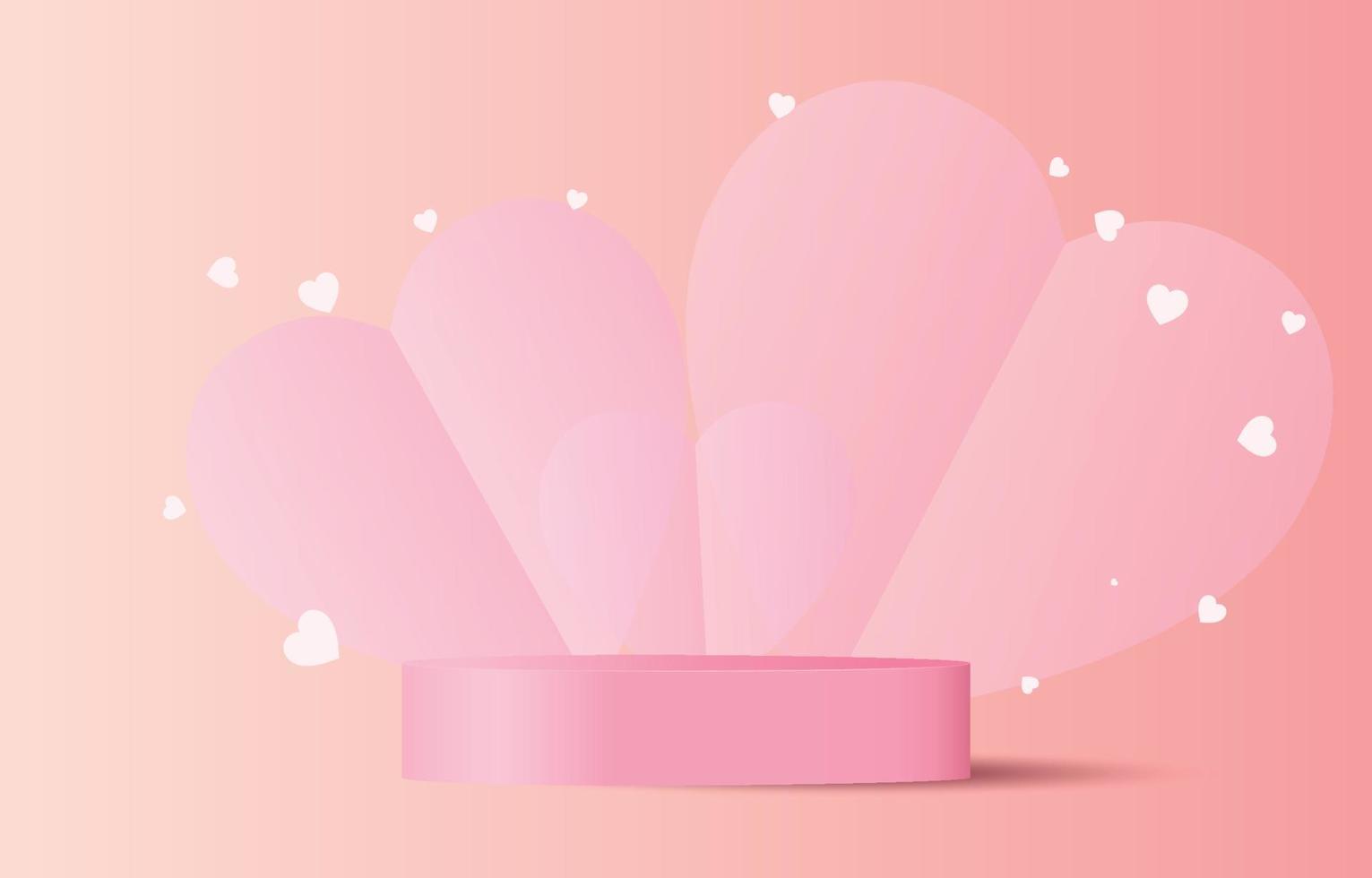 fundo do conceito de dia dos namorados. ilustração em vetor pódio. doce papel vermelho e rosa cortou corações com pedestal redondo. banner de venda de amor bonito ou cartão