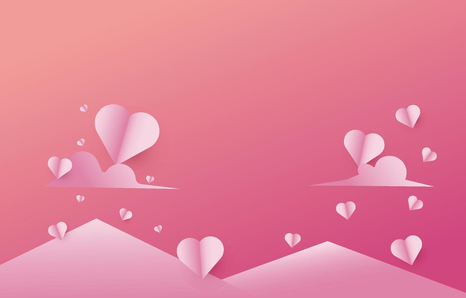elementos de corte de papel em forma de coração voando sobre fundo rosa e doce de montanha. símbolos vetoriais de paisagem de amor para feliz dia dos namorados, design de cartão de saudação. vetor