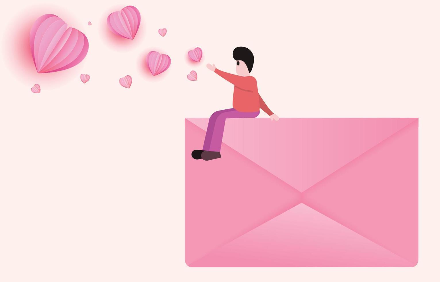 homem sentado na carta rosa decorada com recortes de papel em forma de coração vermelho e correio. ideia de ilustração para o dia dos namorados ou envio de mensagens de amor. envelope vetorial vetor