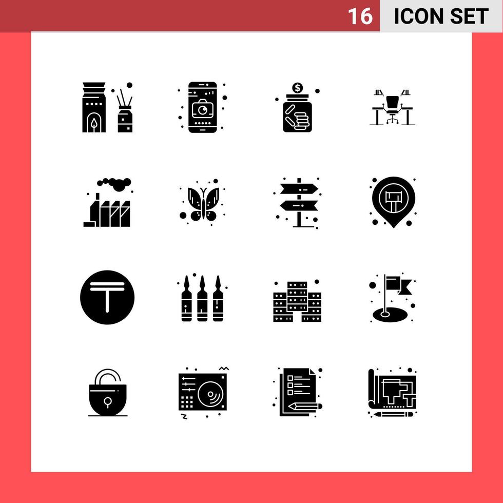 pacote de interface do usuário com 16 glifos sólidos básicos de computador de escritório, cadeira de negócios, mesa, elementos de design vetorial editáveis vetor