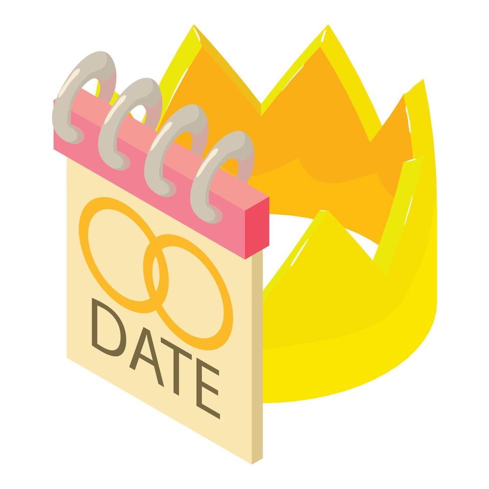 vetor isométrico do ícone da data do casamento. calendário com imagem de anel de casamento coroa de ouro