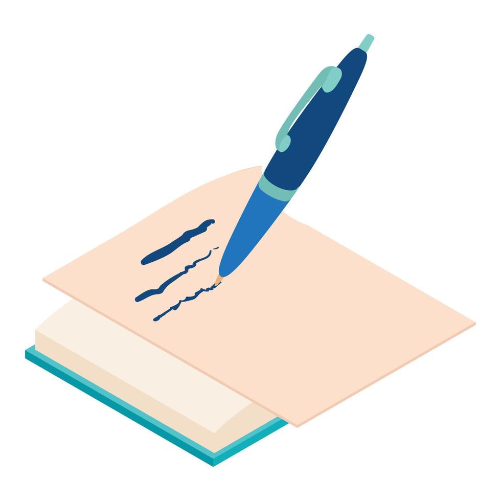 vetor isométrico de ícone de escrita de caneta. caneta escrever na folha de papel no ícone de livro aberto
