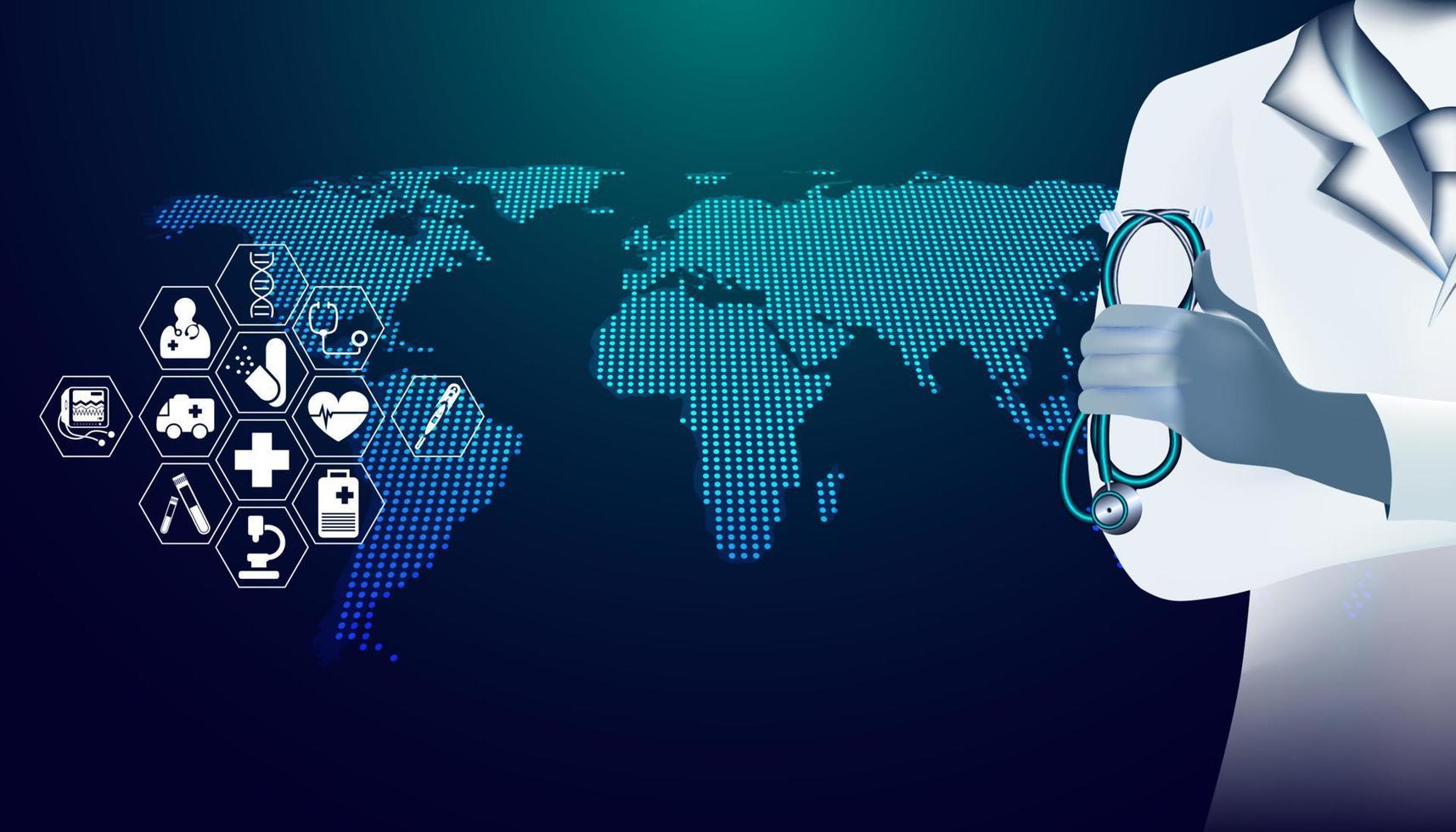 ícones de saúde digital de fundo abstrato e mapa-múndi por médico ou tratamento médico profissional tecnologia moderna medicina moderna seguro de saúde em um fundo preto e azul. vetor