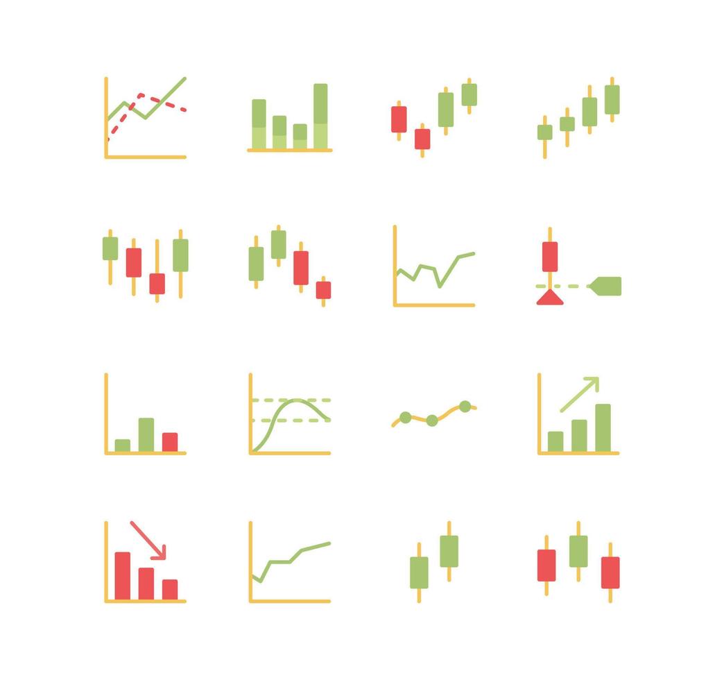 conjunto de ícones de finanças e marketing, gráfico, mercado, estatística, gráfico, diagrama, grade, barra, seta e vetores de variedade de linha plana.