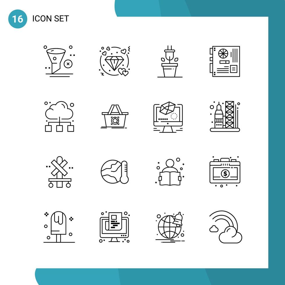 pacote vetorial de 16 símbolos de contorno. ícone de estilo de linha definido em fundo branco para web e dispositivos móveis. vetor