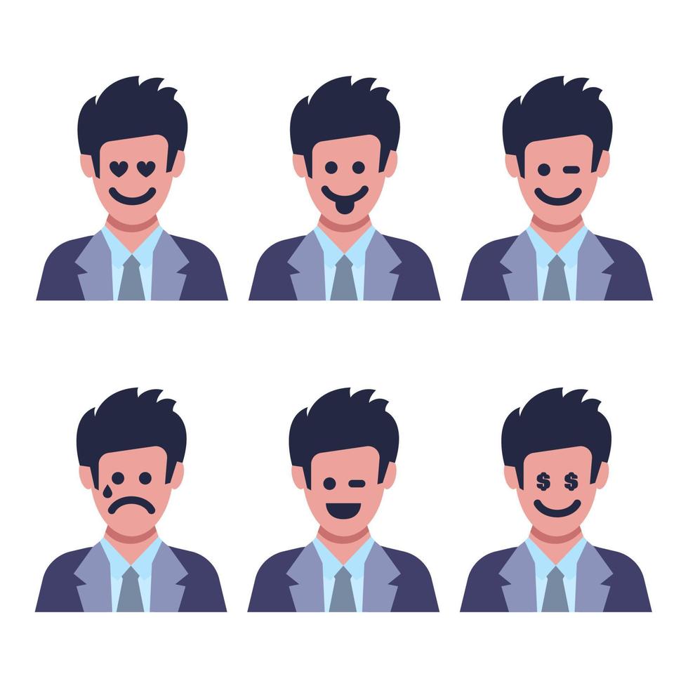 conjunto de seis homens com diferentes emoções faciais. rosto humano com personagem emoji. ilustração vetorial vetor