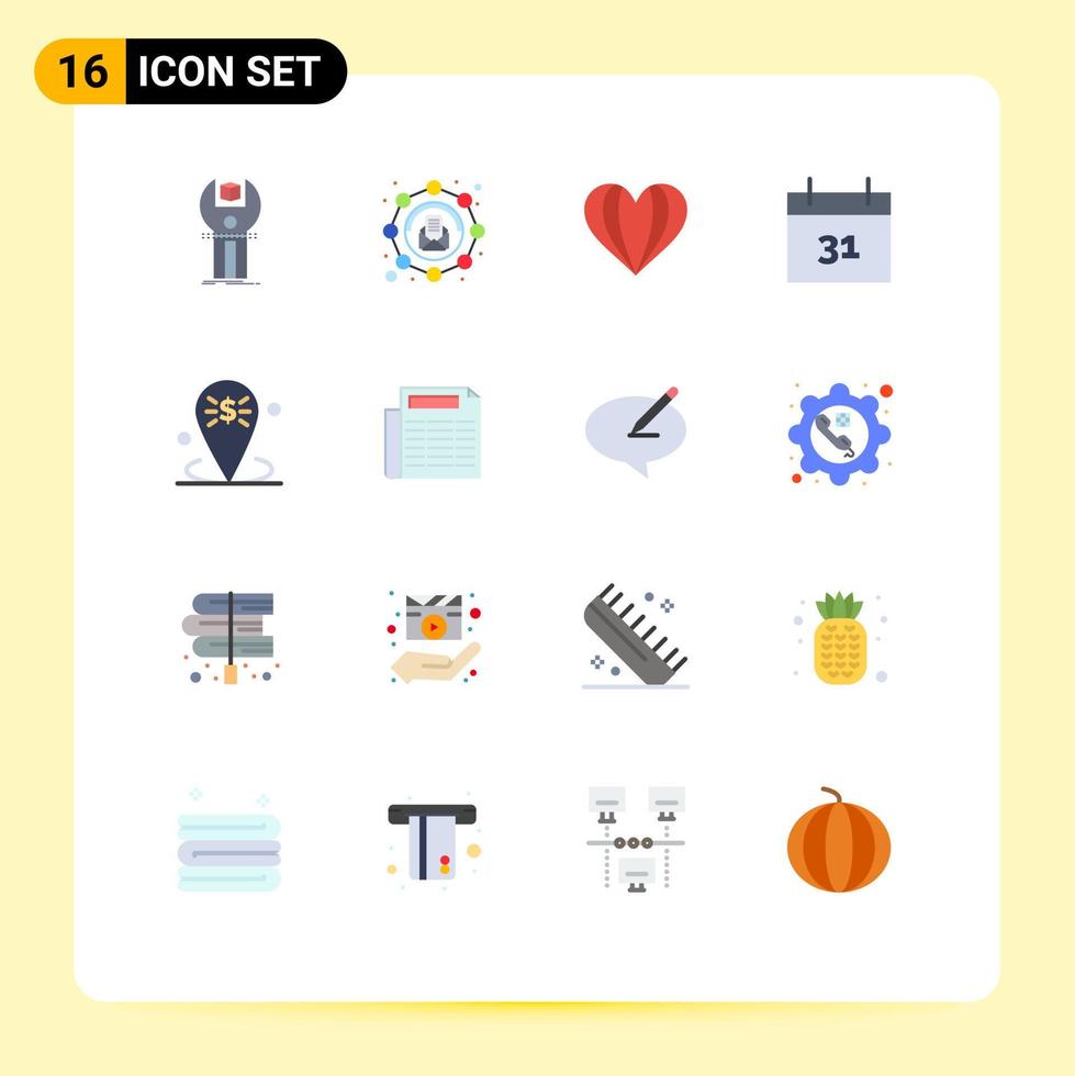 pacote de 16 sinais e símbolos modernos de cores planas para mídia impressa na web, como data de mensagem de evento de negócios, como pacote editável de elementos de design de vetores criativos