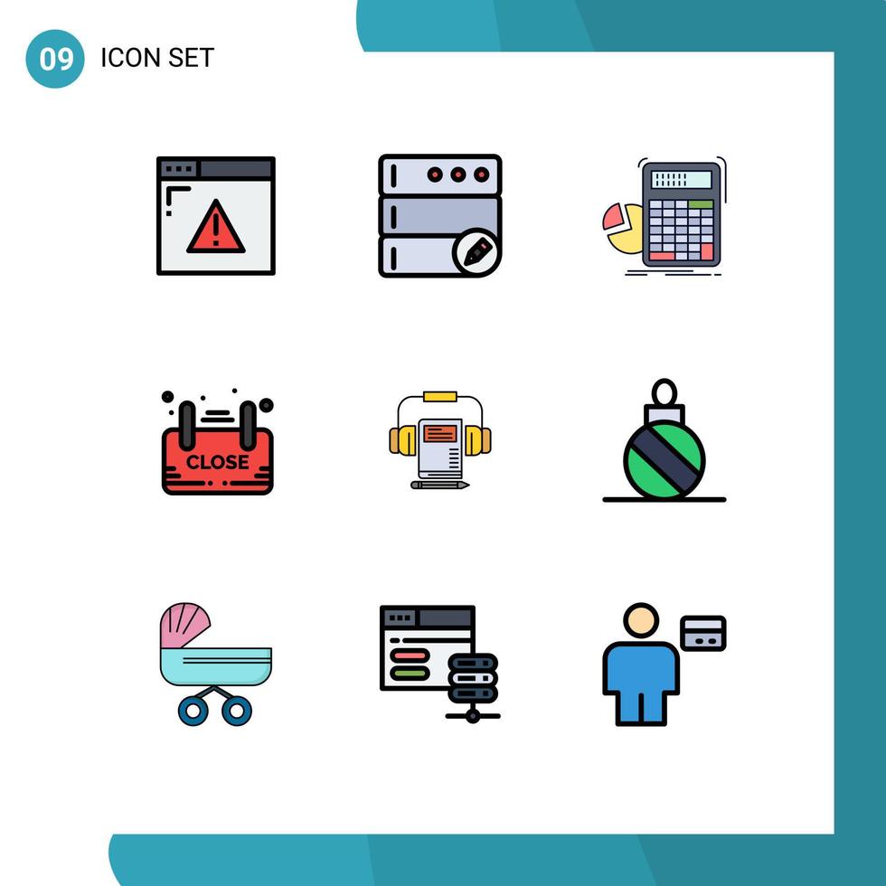 pacote de interface do usuário de 9 cores planas básicas de linhas preenchidas de sinal de cálculo de anúncio de música fechar elementos de design de vetores editáveis