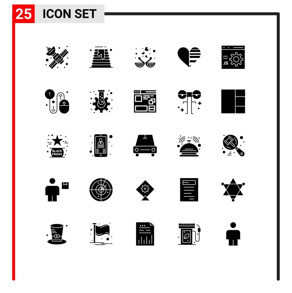 pacote de 25 sinais e símbolos de glifos sólidos modernos para mídia impressa na web, como linhas, amor, bolo de casamento, coração, amor, elementos de design de vetores editáveis