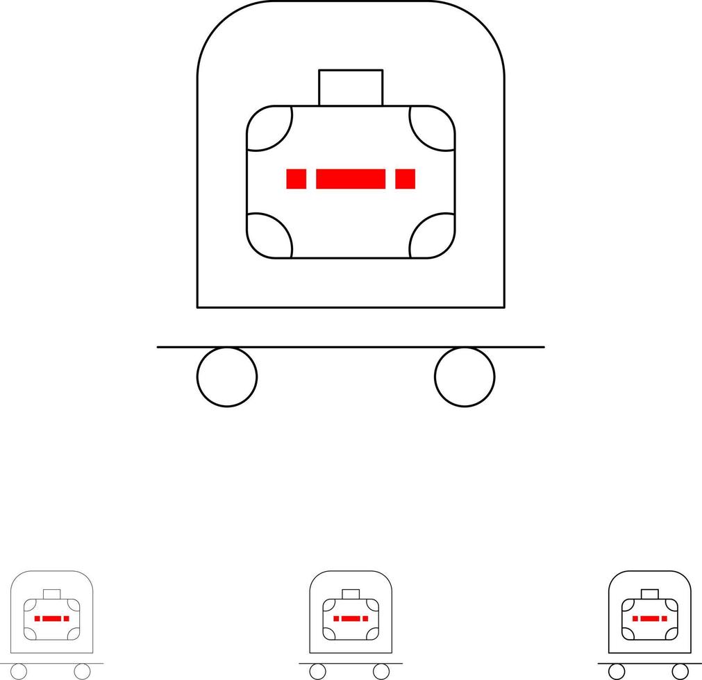 saco de carrinho de bagagem de hotel conjunto de ícones de linha preta fina e ousada vetor
