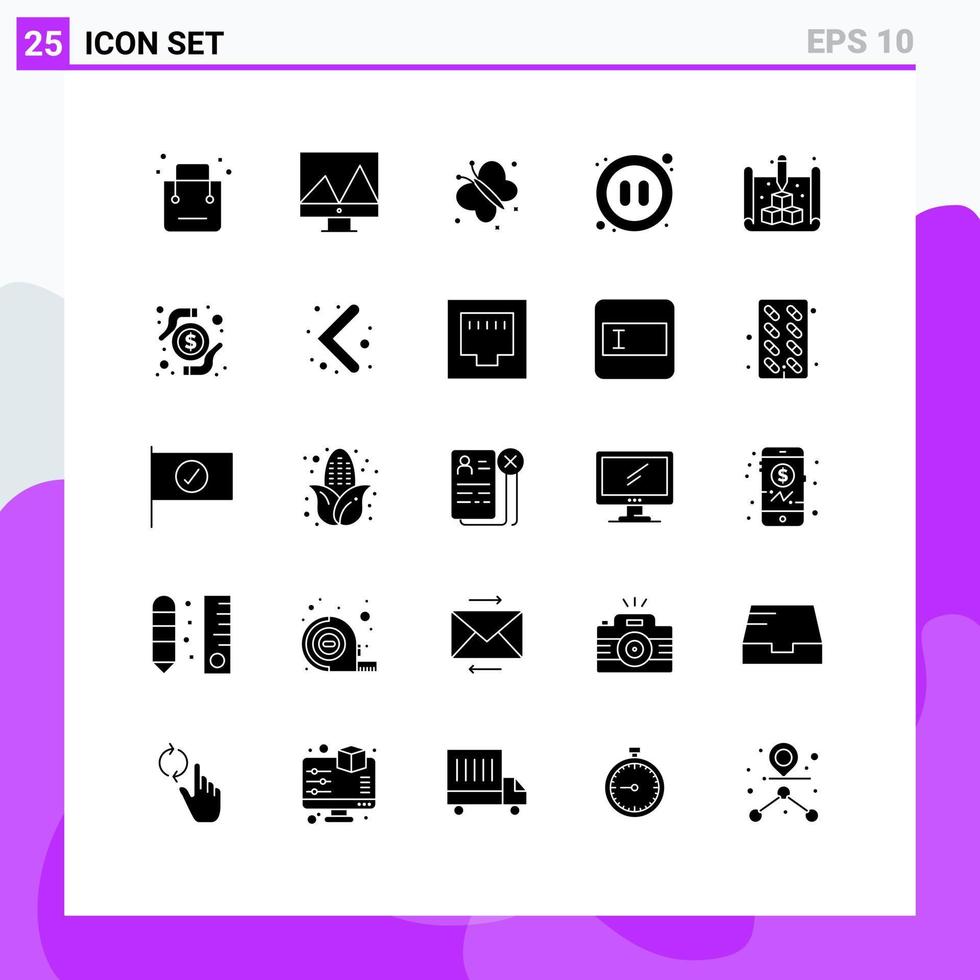 grupo de símbolos de ícones universais de 25 glifos sólidos modernos de projeto borboleta de vídeo pausa elementos de design de vetores editáveis de áudio