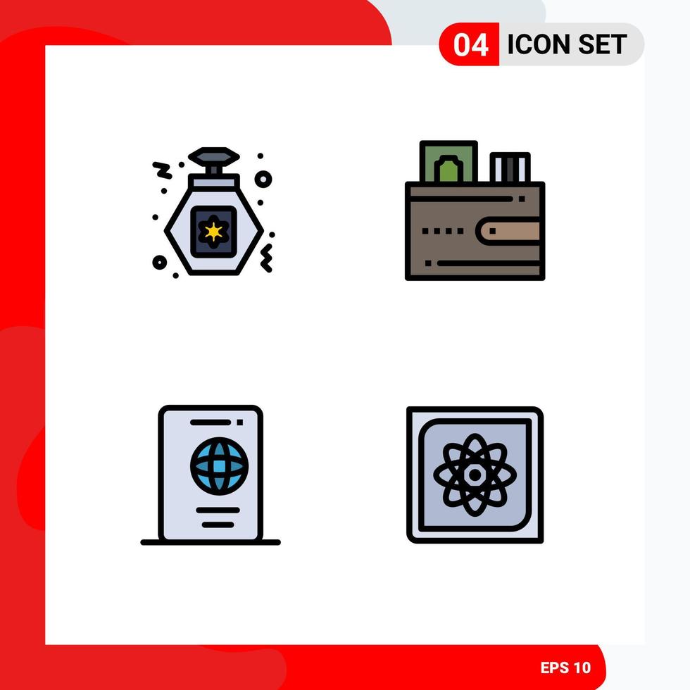 pacote de interface do usuário de 4 cores planas básicas de linhas preenchidas de carteira de cartão de verão de perfume elementos de design de vetores editáveis de viagem