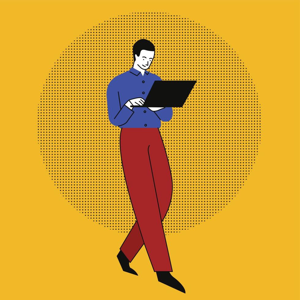 homem de pé com ilustração vetorial do tipo flats para laptop vetor