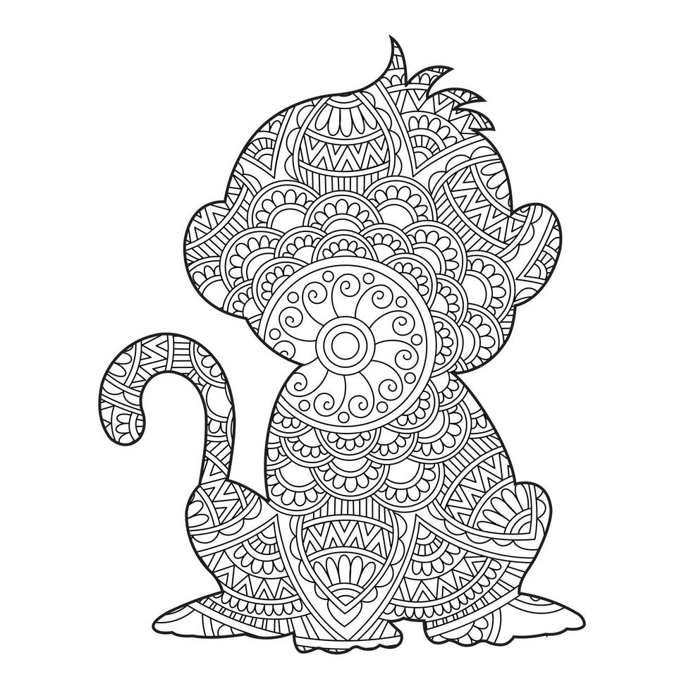 página de coloração de mandala de macaco para adultos livro de colorir de animais florais isolado em fundo branco ilustração vetorial de página de coloração antiestresse vetor